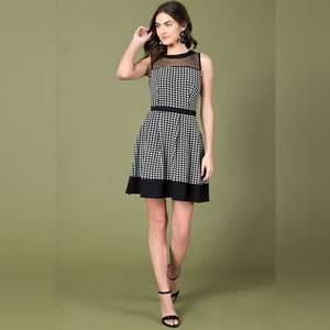 Smak Parlour Black & White Houndstooth Swiss Dot Mesh Fit & Flare Dress